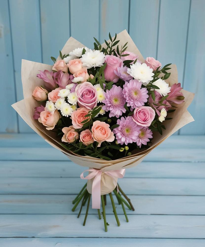 Букет цветов из: Хризантемы, Розы и Альстромерии в Шайковке