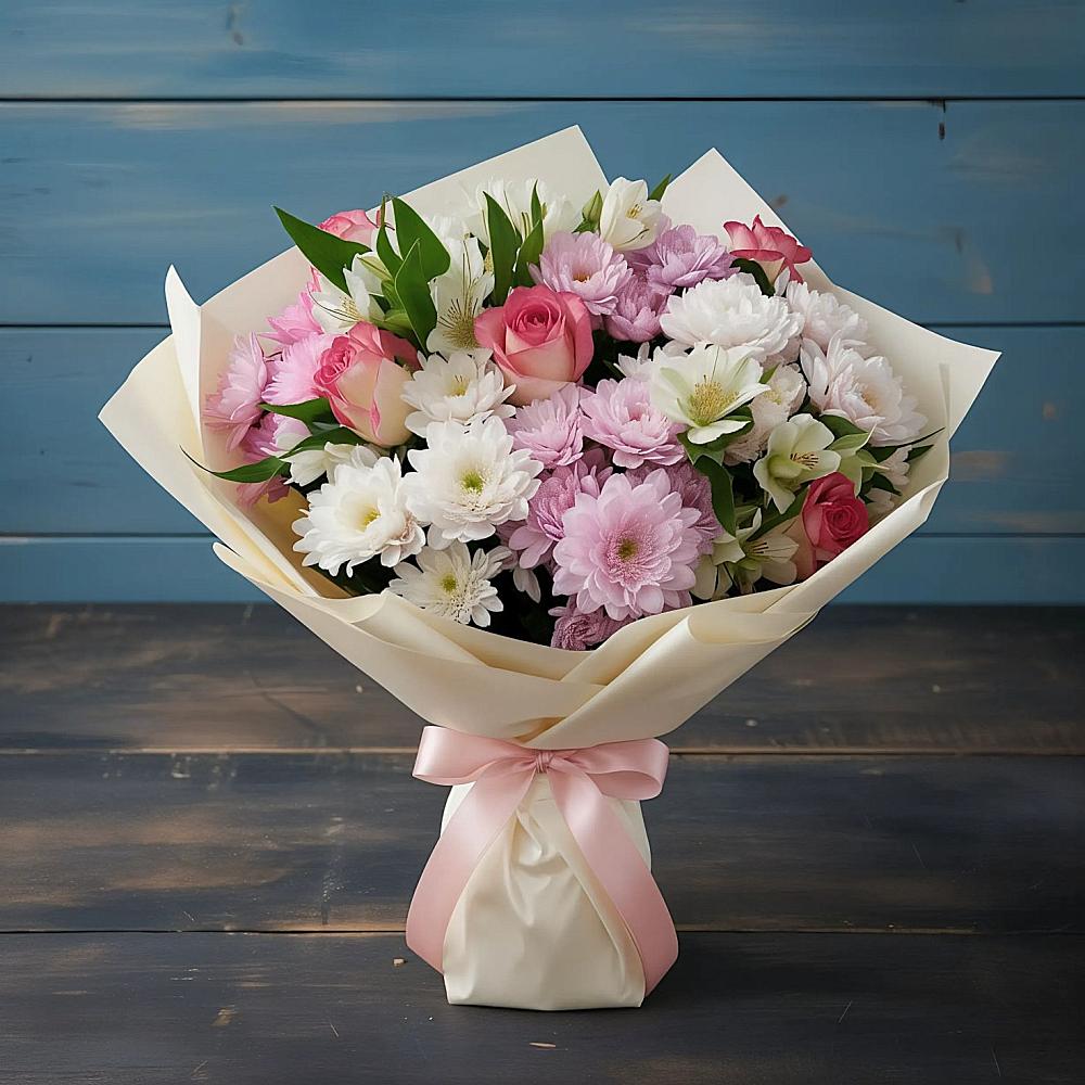 Букет цветов из: Хризантемы, Альстромерии и Розы в Шайковке